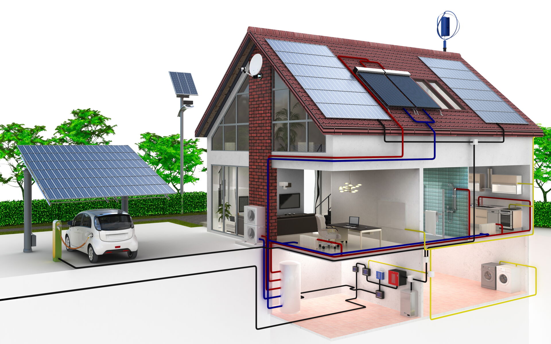 Querschnitt eines energieeffizienten Hauses mit Solaranlage, Wärmepumpe und Elektroauto. Nachhaltige TGA-Planung in Südsachsen.