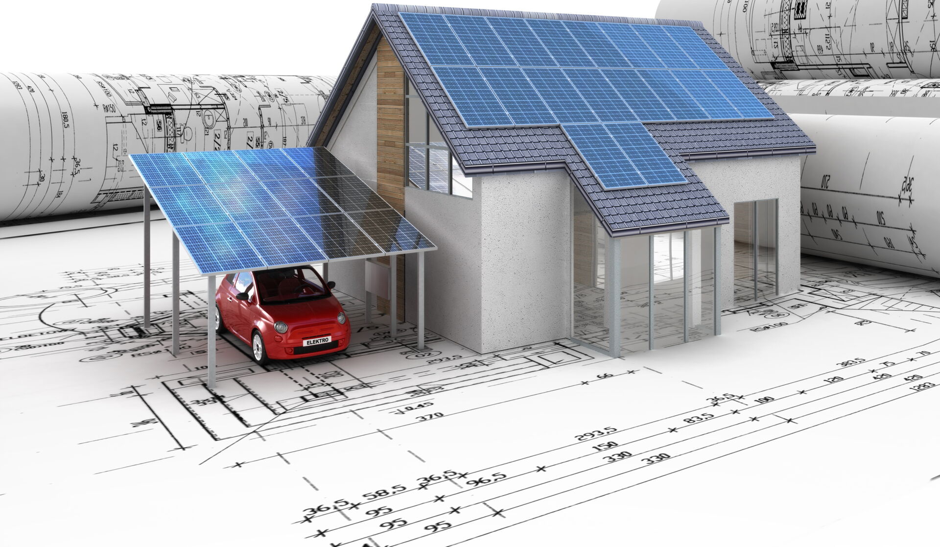 Modell eines Solarhauses mit Carport und rotem Auto auf Bauplänen. Nachhaltige Energiekonzepte in Südsachsen.