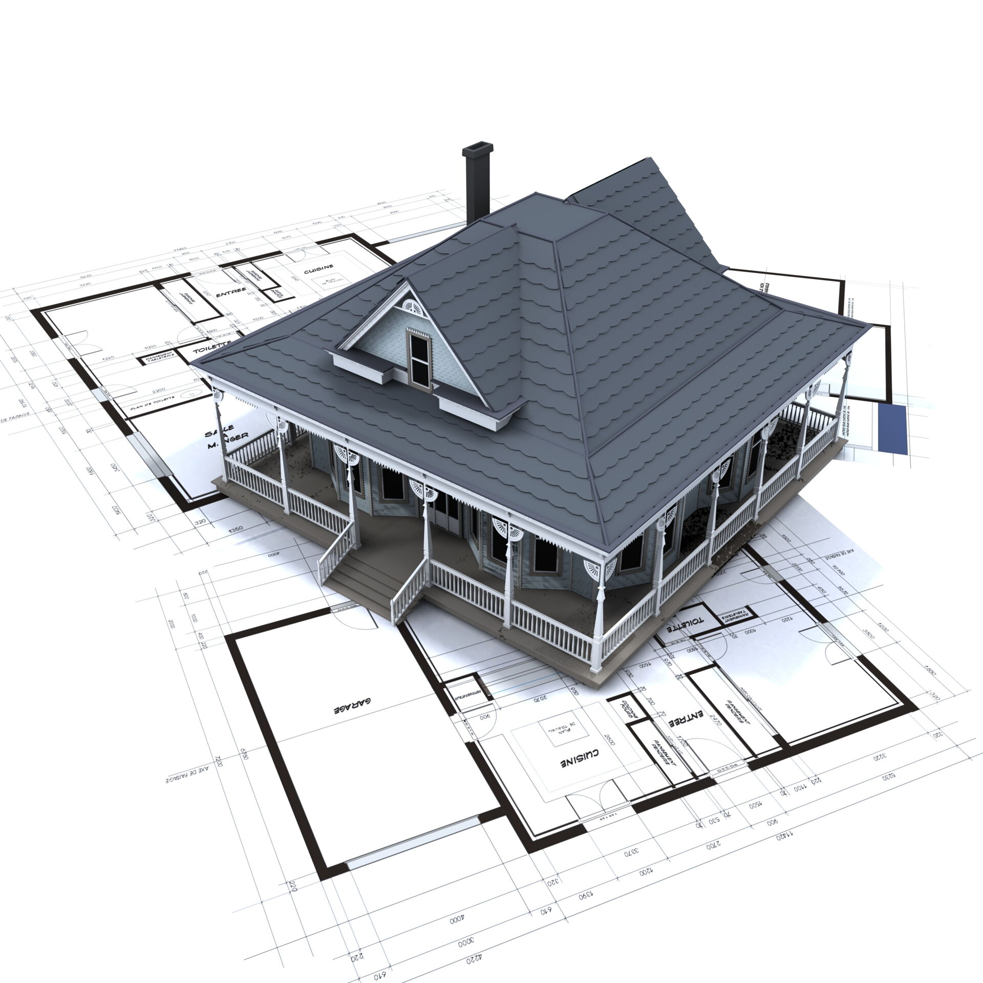 Ein 3D-Modell eines Hauses mit Veranda liegt auf Architektenplänen. TGA-Planung für Wohngebäude in Südsachsen.